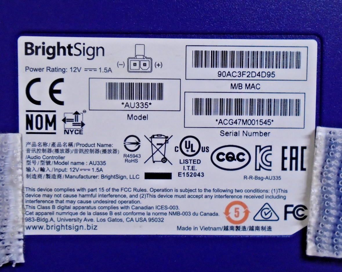 BrightSign AU335 ARC/eARC Analog Audio Only Digital Signage Player w/Power Cable