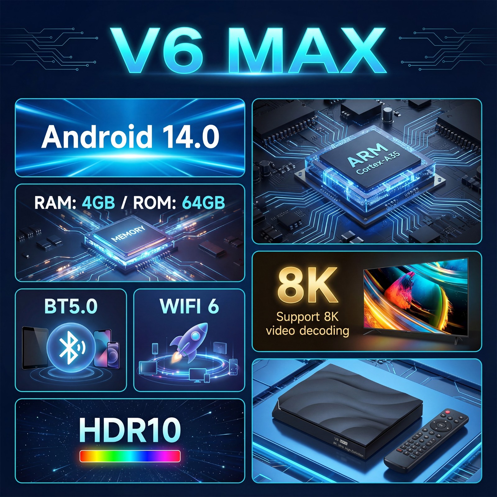 V6 Max Android 14 TV Box with WiFi 6, Backlit Bluetooth Remote, 4GB RAM 64GB ROM