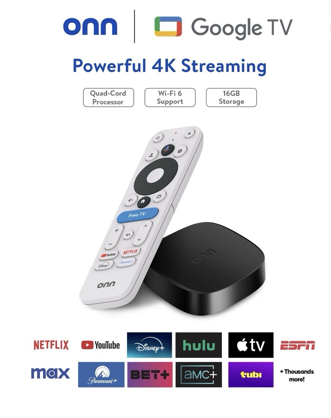 ONN 4K PLUS STREAMING BOX – GOOGLE TV – ULTRA FAST – 16GB Storage – 2 GB Ram