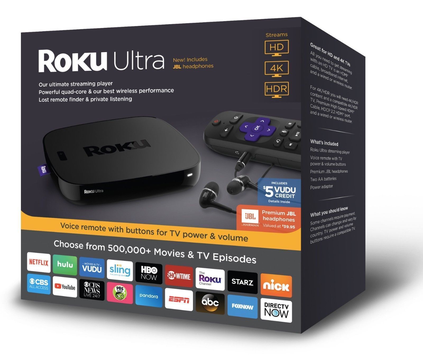 New Roku Ultra 4K/HD/HDR Streaming Media Player with JBL Headphones 4661R- Black