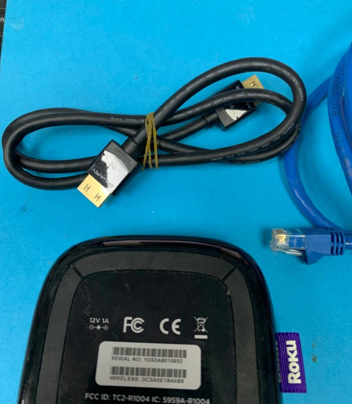 Roku 3 (4200X) Streaming Media Player Power Cord Internet Cable HDMI (No Remote)