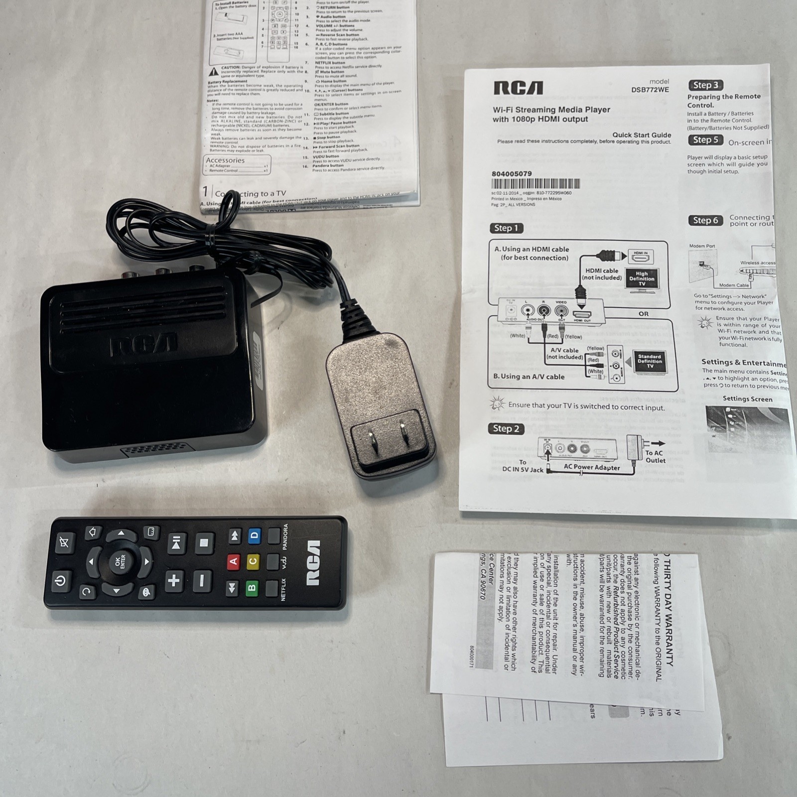 RCA Model DSB772WE Wi-Fi Streaming Media Player W/ Power supply ans Remote
