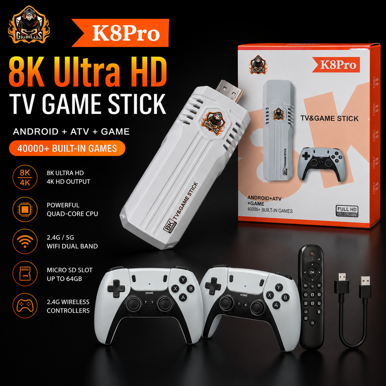 K8Pro 8K Ultra HD TV & Game Stick Android 12.1 2GB/16GB 40000+ Games
