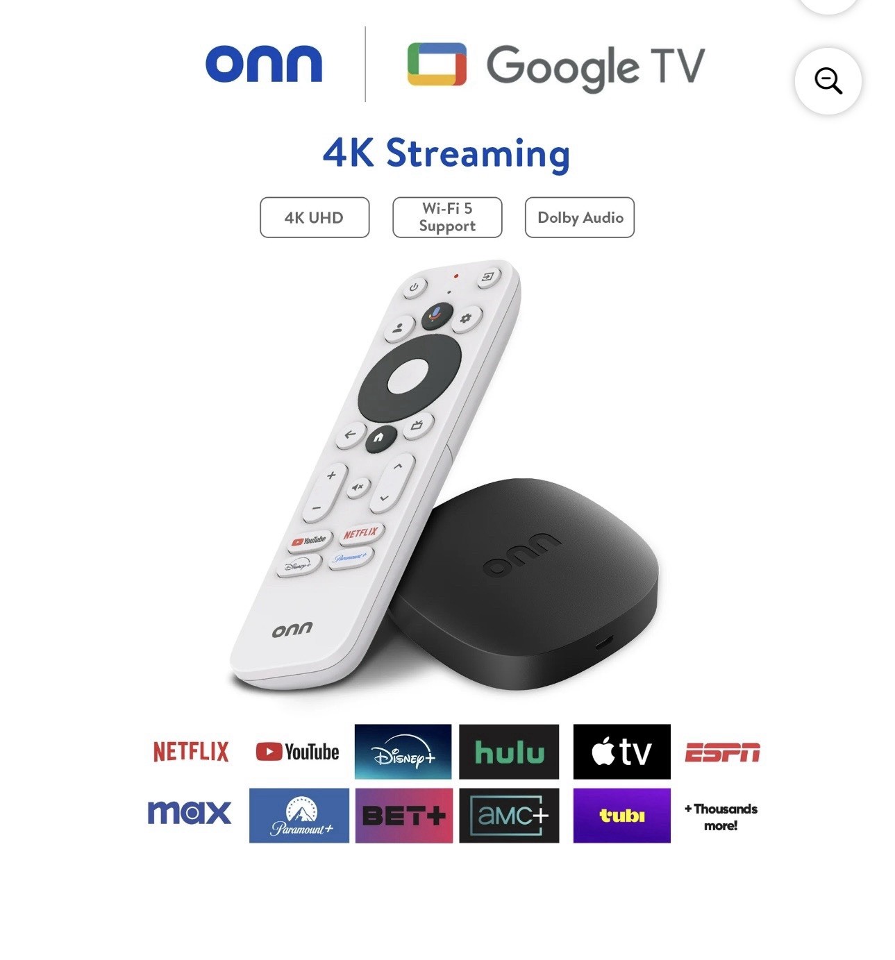onn 4K Streaming Device, Google TV – Fast Streaming, Ultra HD, 8GB Storage, 2GB