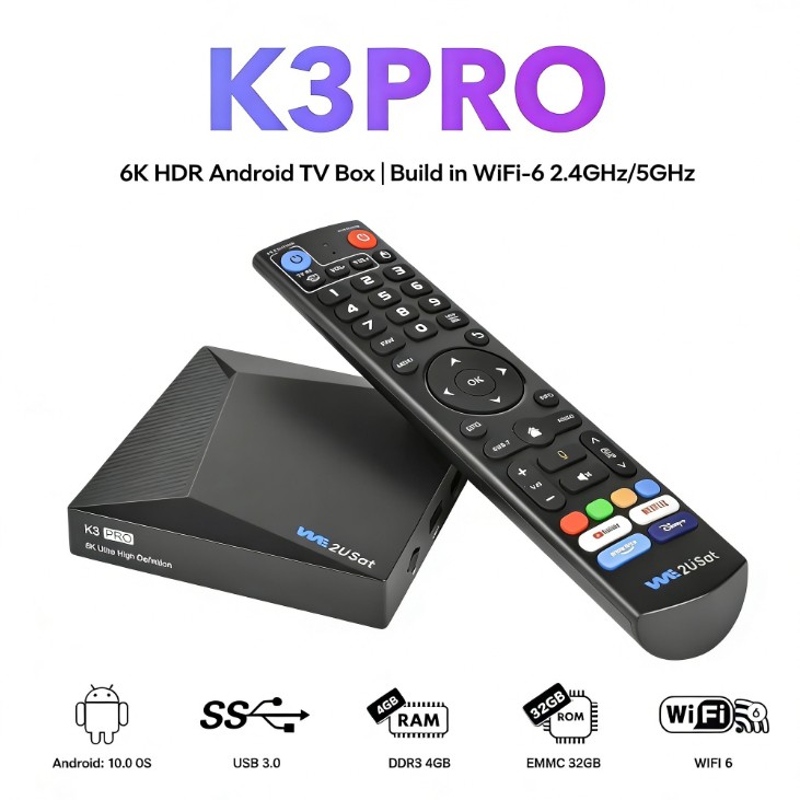 2026 WE2USAT K3 Pro TV Box 6K HDR IPTV Box 4GB+32GB Android 10.0 Live TV Box US