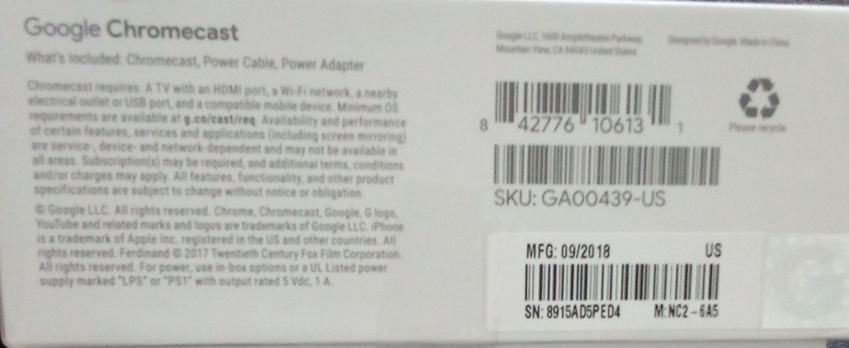 Google Chromecast 3rd Gen GA00439-US HDMI Streaming Media Player NEW Sealed