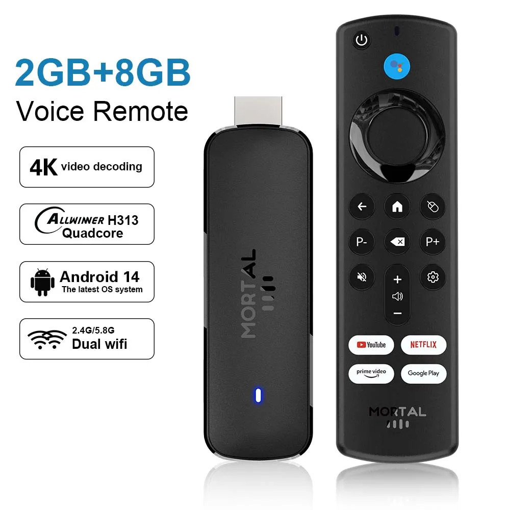 Global Version Android TV Stick Mortal Q8 Voice Remote Android14 8K4K Video Wifi
