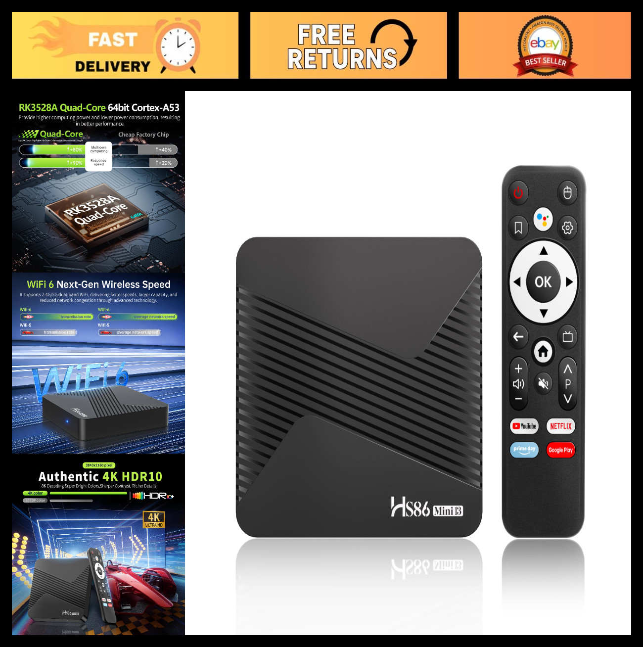 Android TV Box 2GB RAM 16GB ROM Quad-Core 4K HD Decoding WiFi6 BT 5.0 Smart TV