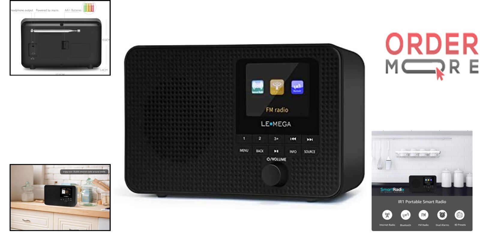 Portable WiFi Internet Radio Bluetooth Speaker Dual Alarms Tft Display
