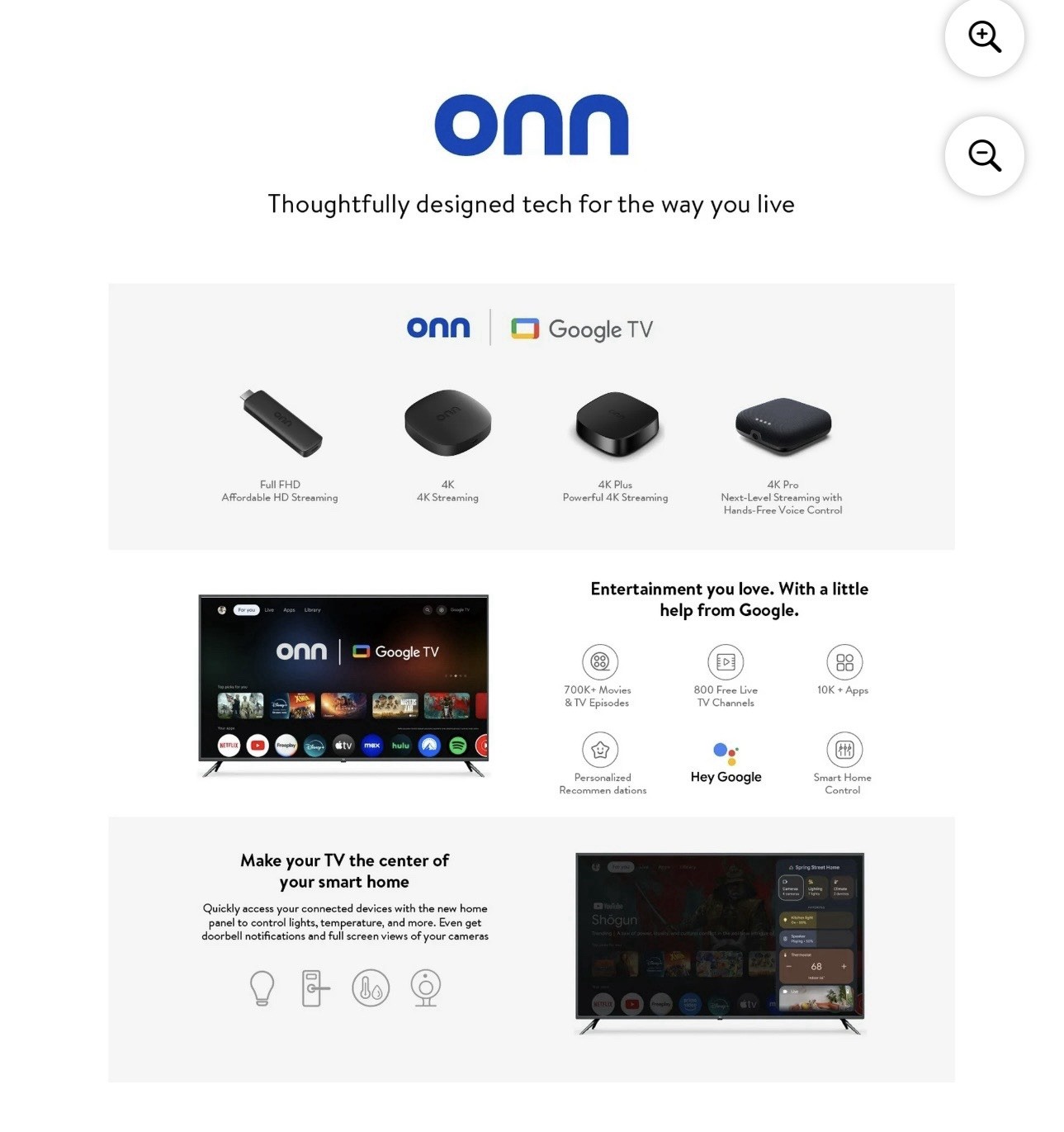 onn 4K Plus Streaming Device Google TV Ultra-fast Streaming UHD 16GB Storage 2GB