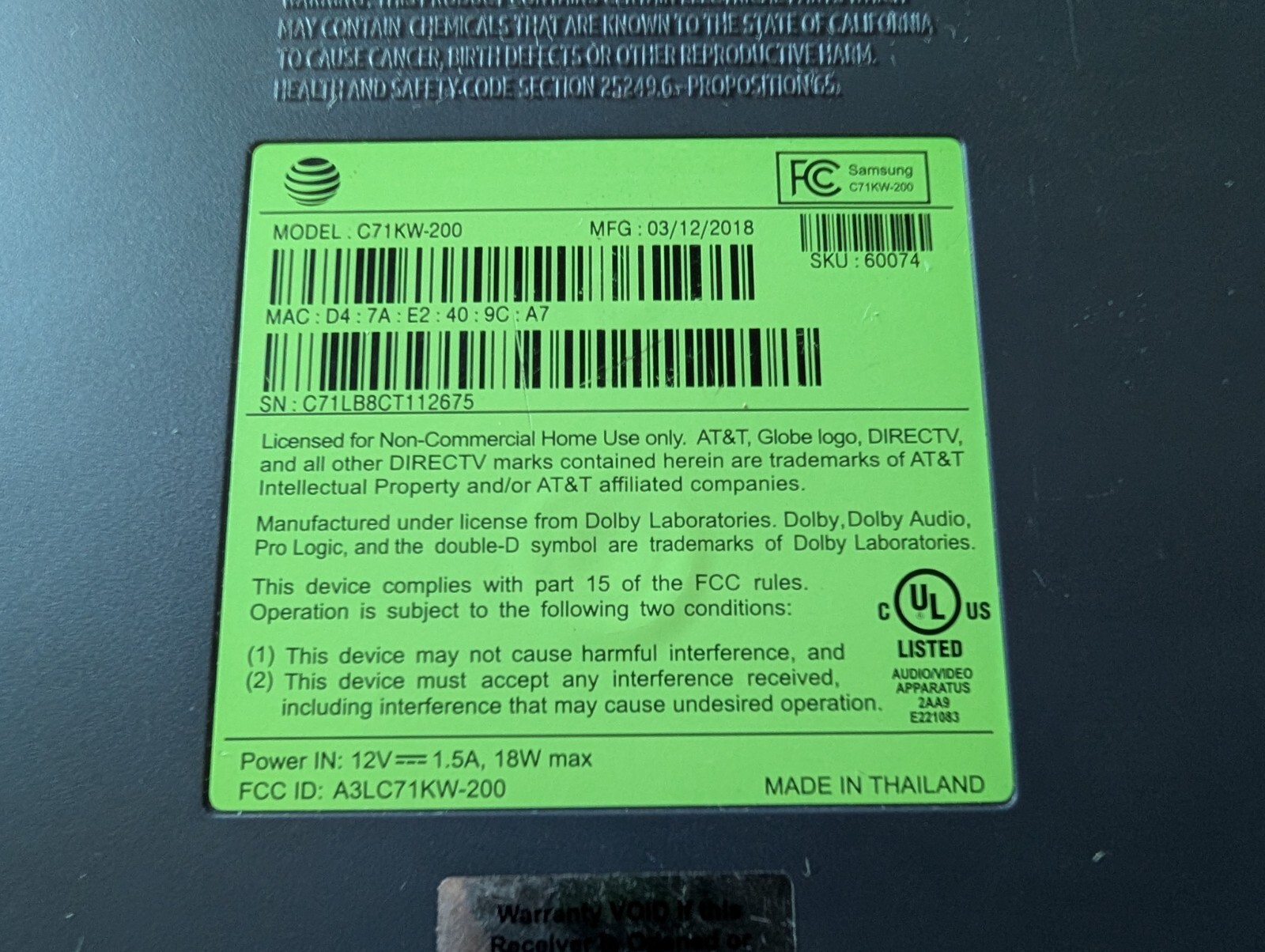 Streaming Box AT&T DirecTV Now Via Internet C71KW-200 Android Osprey