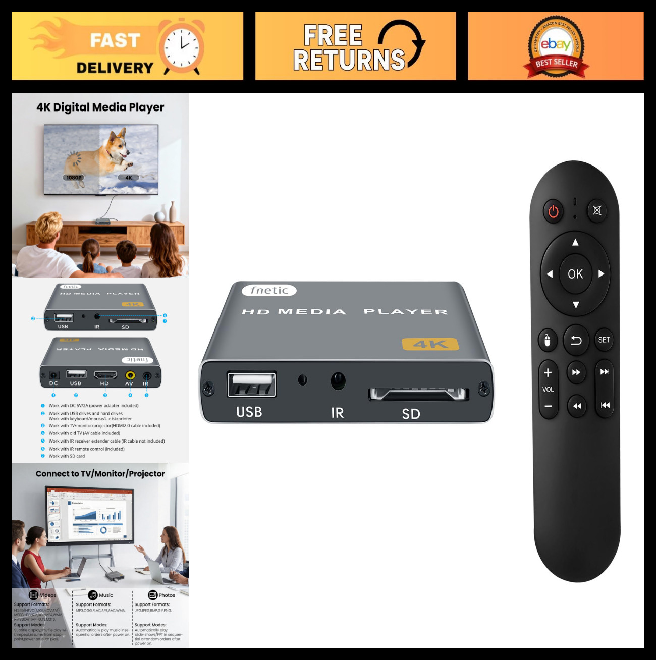 4K Digital Media Player, HDMI/AV Output, USB/SD Card, Ultra HD, Auto Playback, L