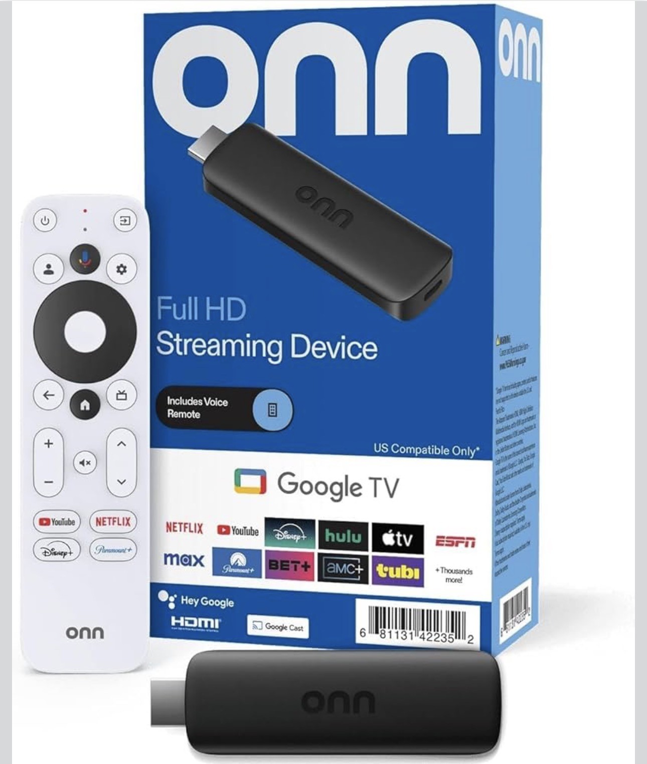 onn. 1080p FHD Google TV HDMI Streaming Dongle w/ Voice Remote Wi-Fi Bluetooth