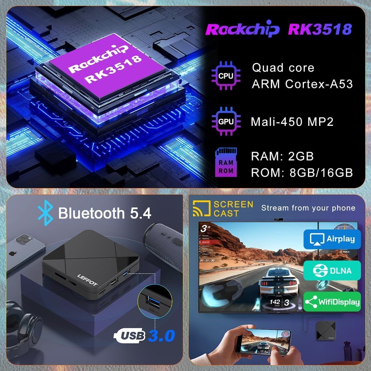 RK3518 Smart TV Box with 4K Ultra HD Streaming & Voice Control, 2GB RAM 16GB ROM