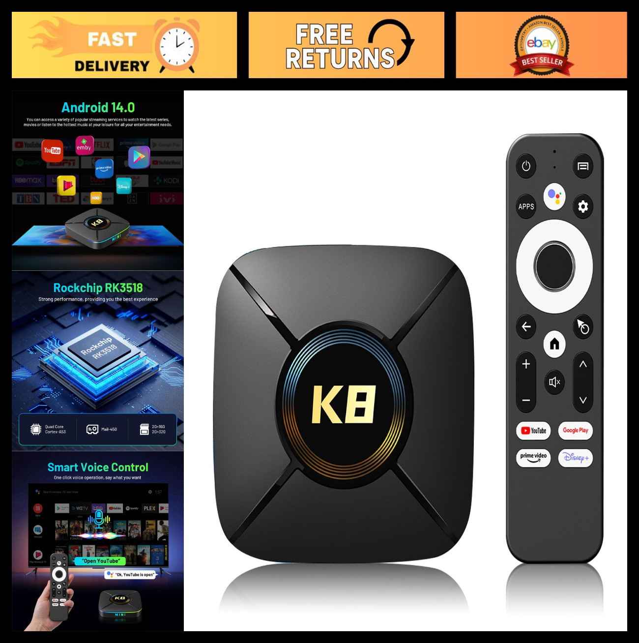 4K Android TV Box, Quad Core 2GB RAM 32GB ROM, Dual WiFi 5.0GHz, BT 5.0, USB 3.0