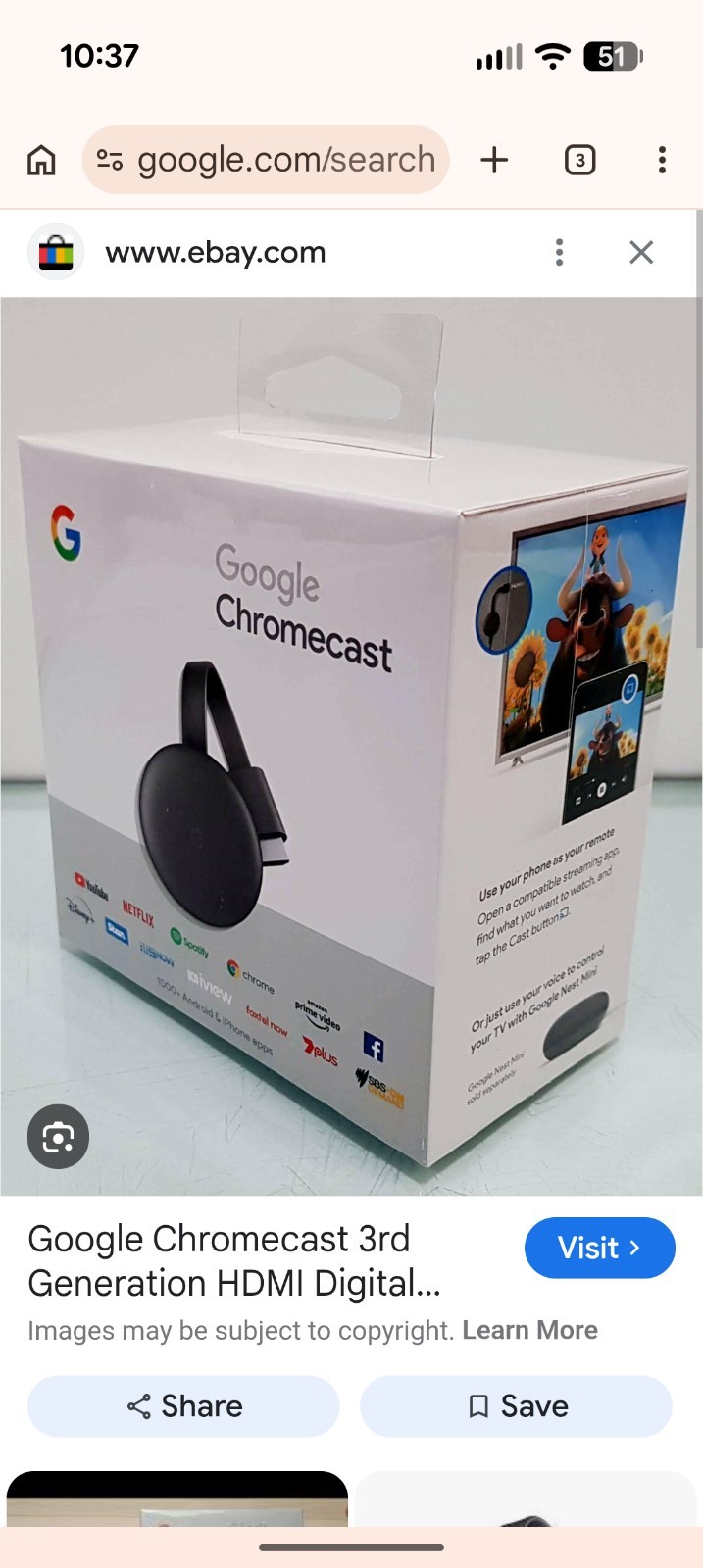 Google Chromecast 3rd Gen HDMI Wi-Fi 1080p FHD Streamer Black w/ Power Kit