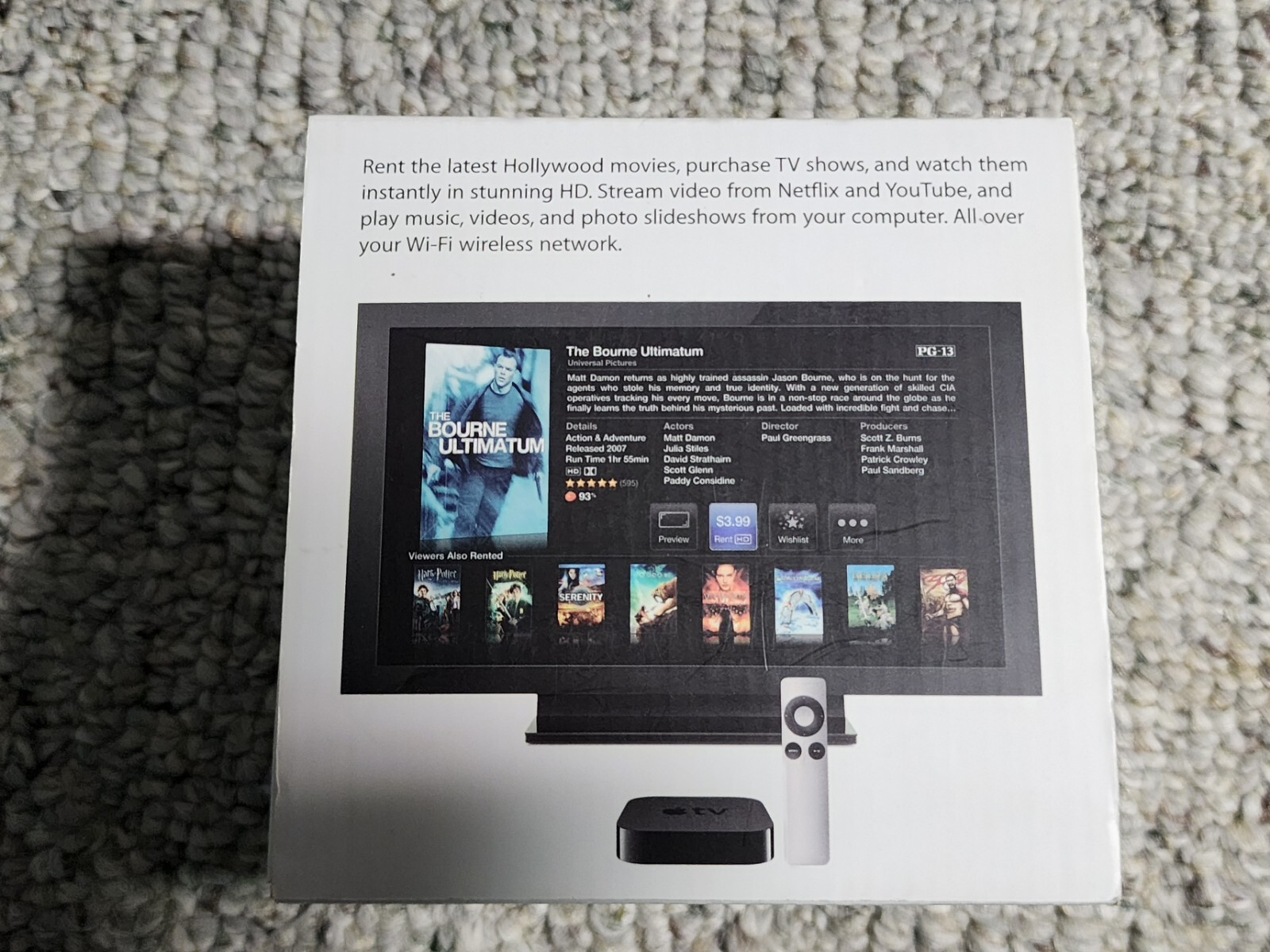 Apple TV A1378 2nd Gen HDMI 8GB Media Streamer Remote Power Cord Box Very Clean