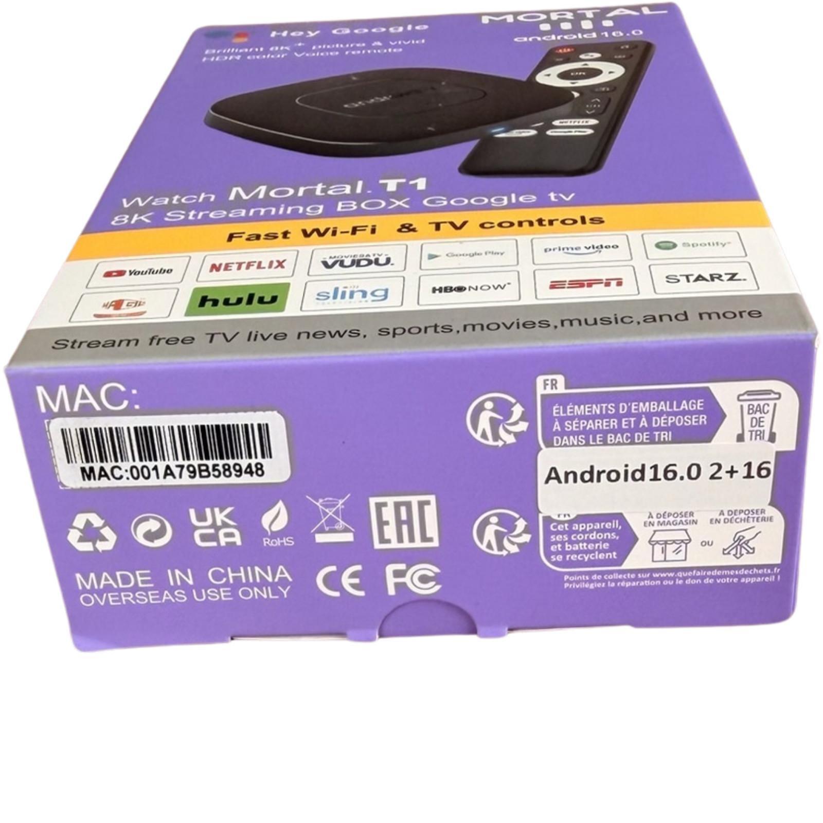 2026 Android 16 Streaming TV Box 8K Voice Control 2GB/16GB Mortal T1 HDR WiFi 6