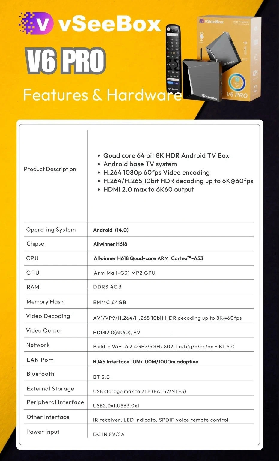vSeeBox V6 Pro Smart TV Box Voice Remote Authorized Distributor Free Shipping