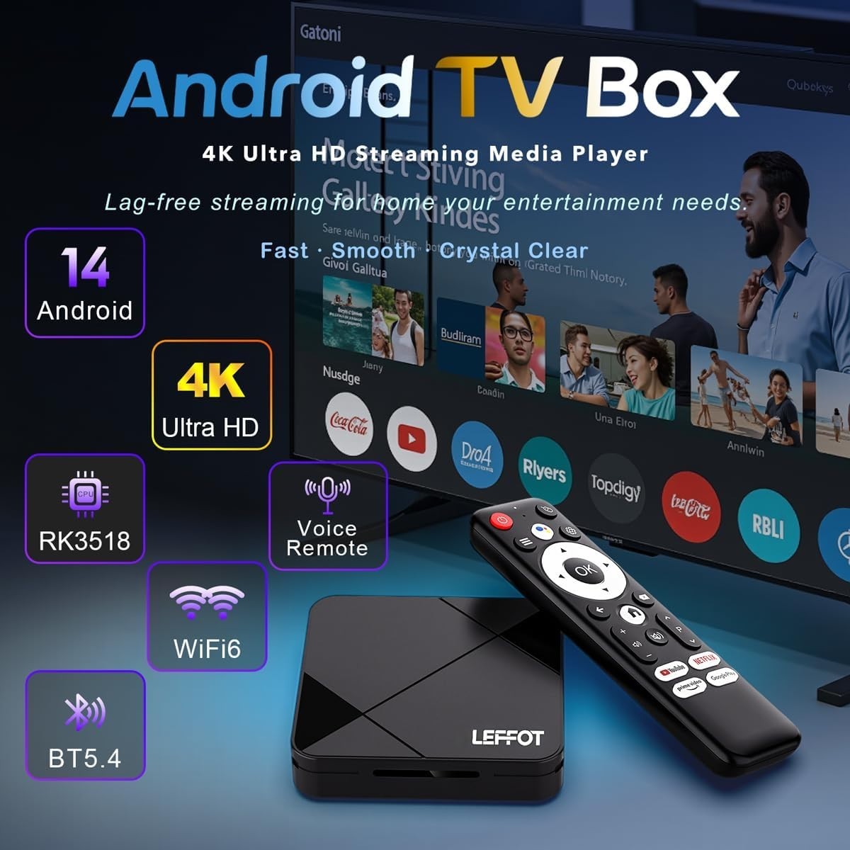 Smart 4K Android Streaming Device – 16GB Storage, Dual Wifi 6 & BT 5.4 Remote