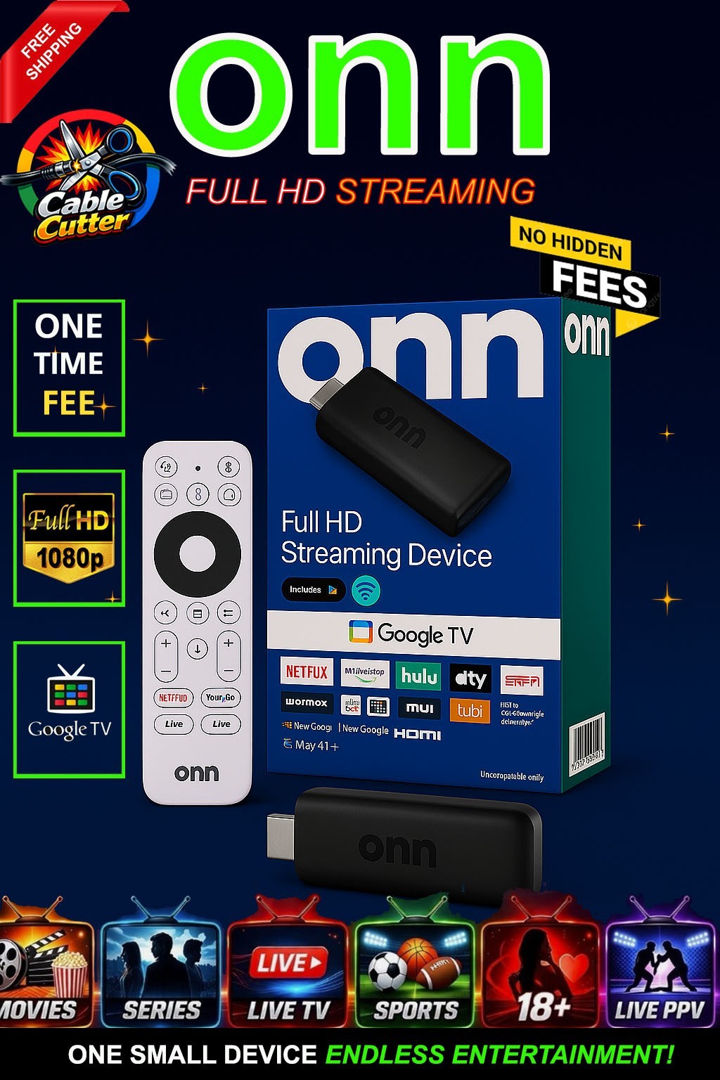 New Onn Full HD Streaming Device, Google TV | Fully Programmed | Live TV Ready