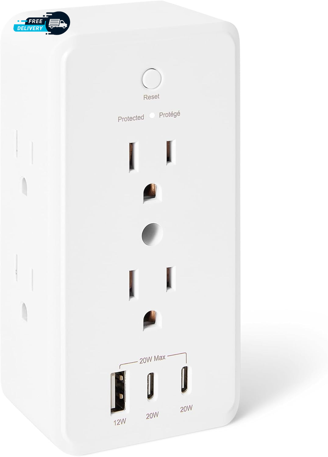 Wall Mount Surge Protector Power Strip with 1080 Joules 6 AC Outlets
