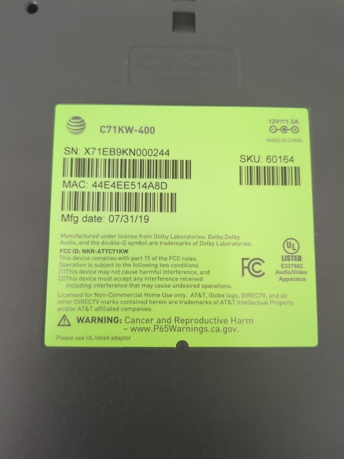 AT&T C71KW-400 Direct TV Box Player Unit Only No AC Adapter