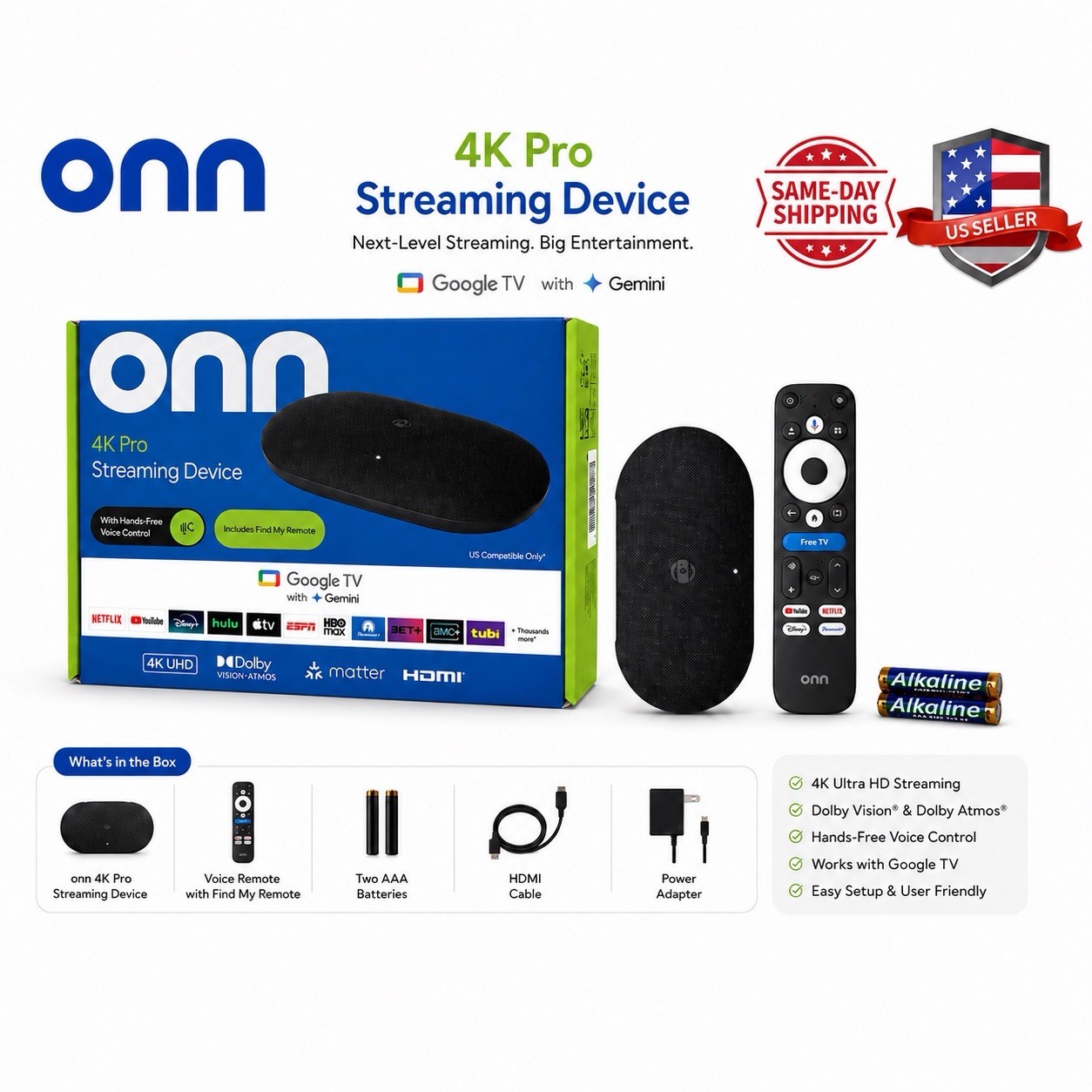 ONN 4K Pro Streaming Device, Google TV with Gemini (NEW 2026 Model) – Ultra-fast