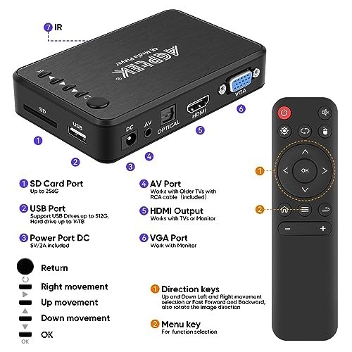 4K HDMI Media Player, Supports 14TB HDD/256GB USB/SD Card, Remote Control, MP4 A
