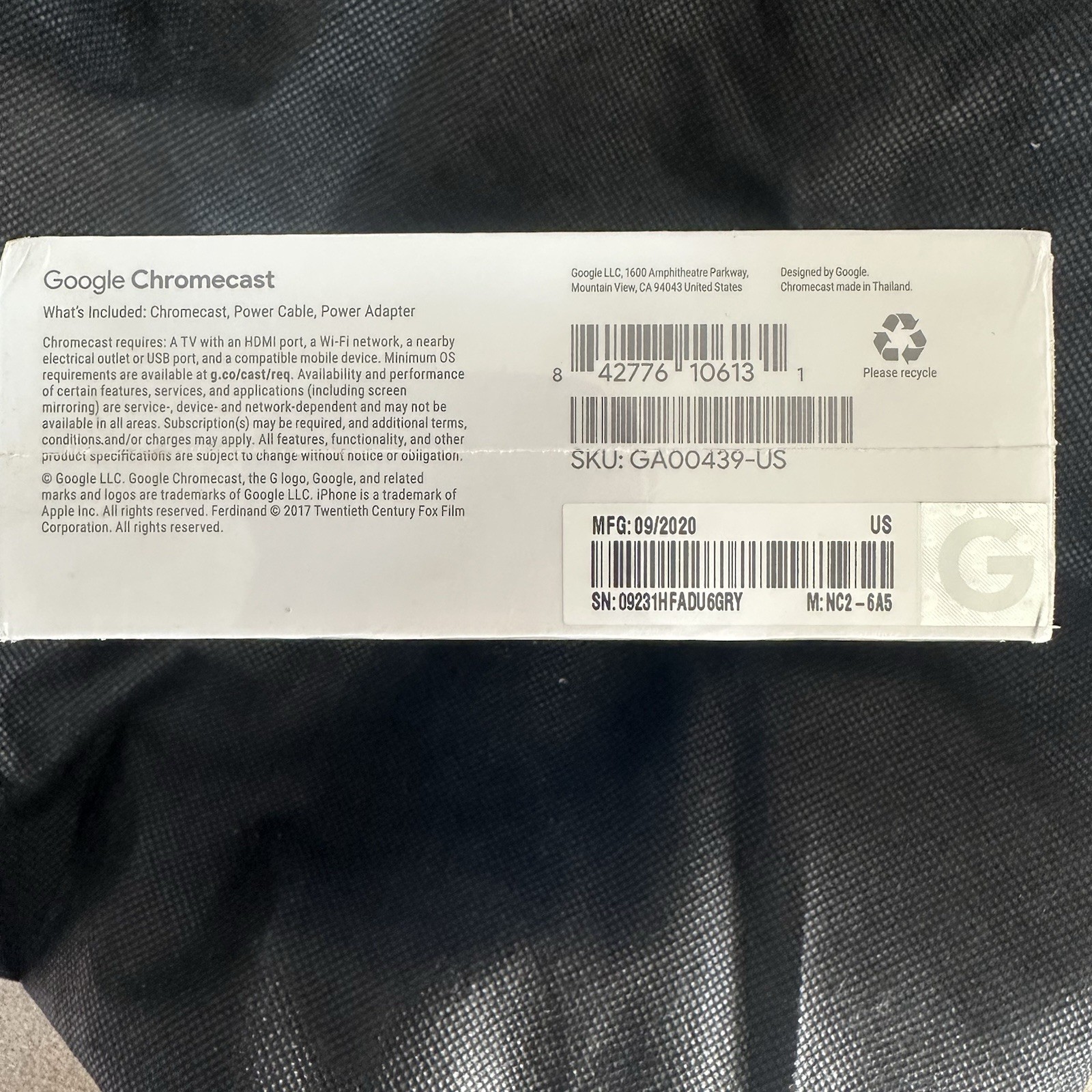 Google Chromecast Digital HDMI Media Video Streamer GA00439-US