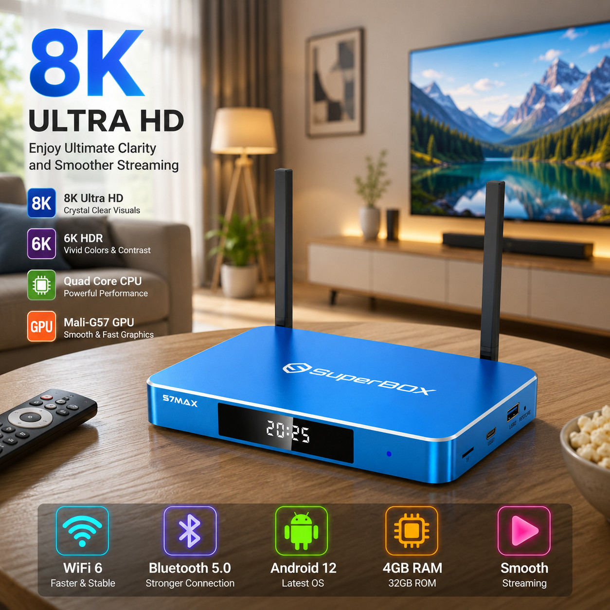 New SuperBox S7 Max Ultra HD Streaming Media Player 2.4G+5G WiFi Bluetooth