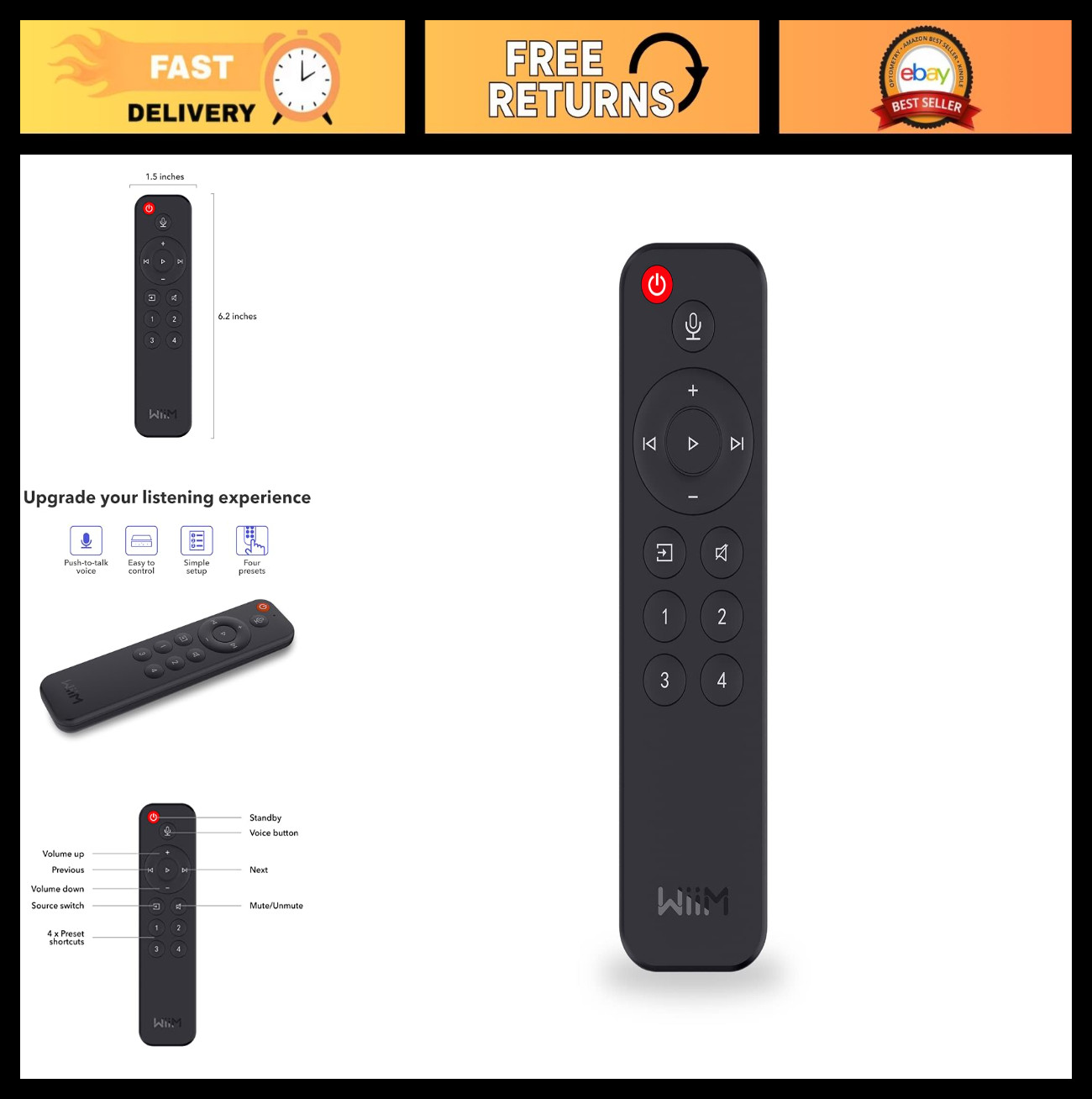 Voice Remote for Audio Streamer, Push-to-Talk, 4 Music Presets, Mini & Pro Compa