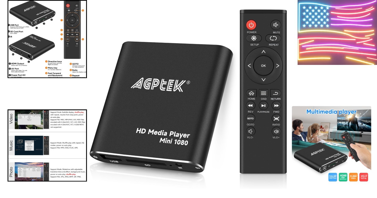 HDMI Media Player, Black Mini 1080p Full-HD Ultra HDMI Digital Media Player f…