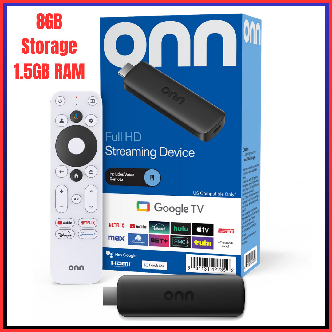 onn Full HD Streaming Device, Google TV – Fast Streaming, 8GB Storage, 1.5GB RAM