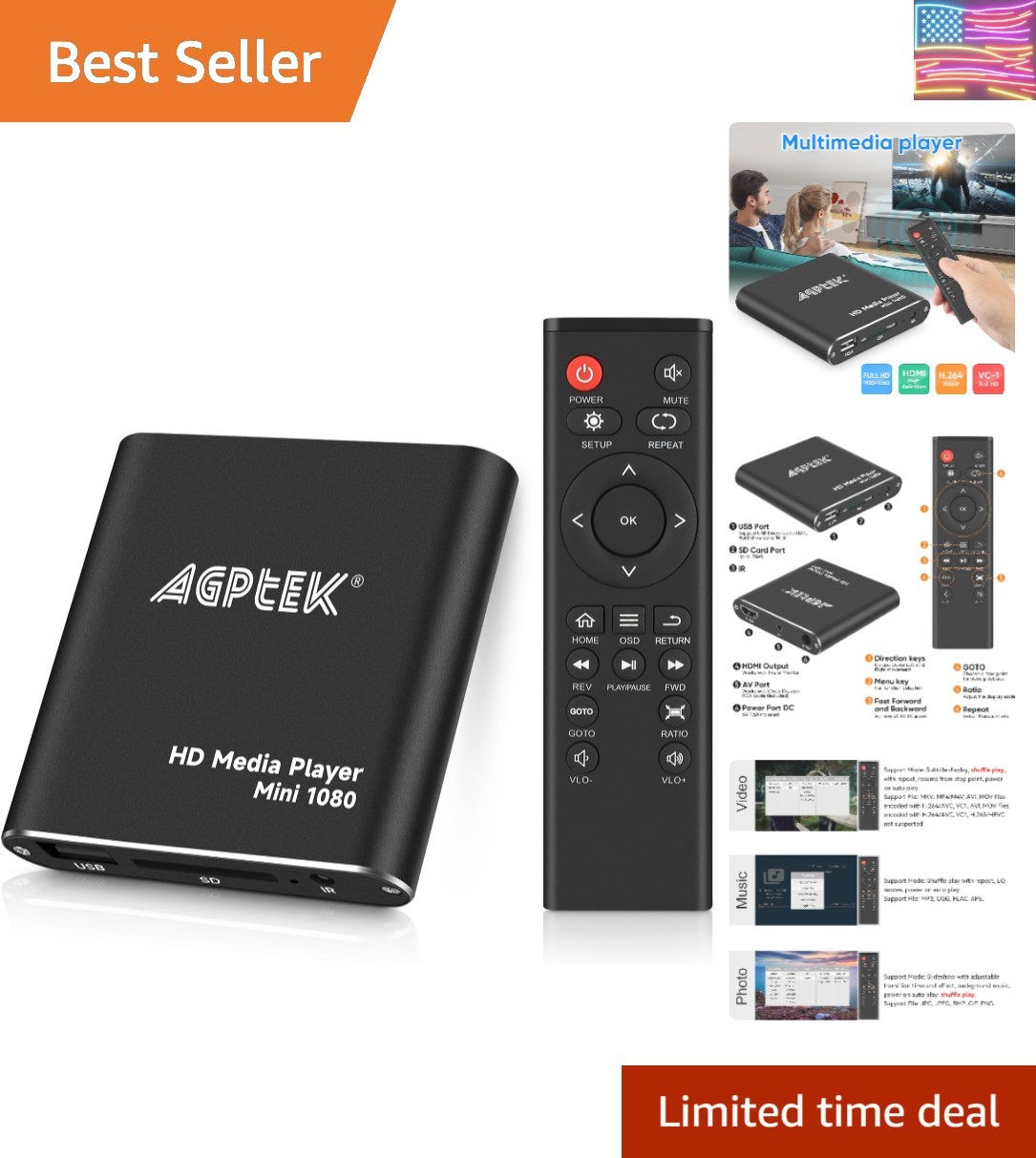 HDMI Media Player, Black Mini 1080p Full-HD Ultra HDMI Digital Media Player f…