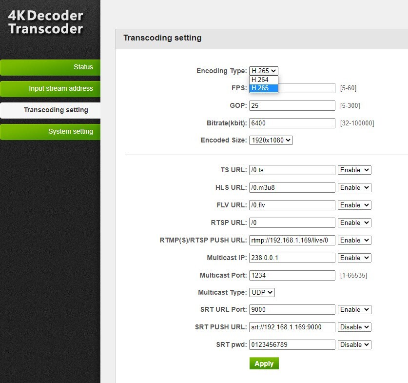 H.265/H.264 HTTP/UDP/RTSP/RTMP/SRT/ONVIF IP stream protocol decoder & transcoder