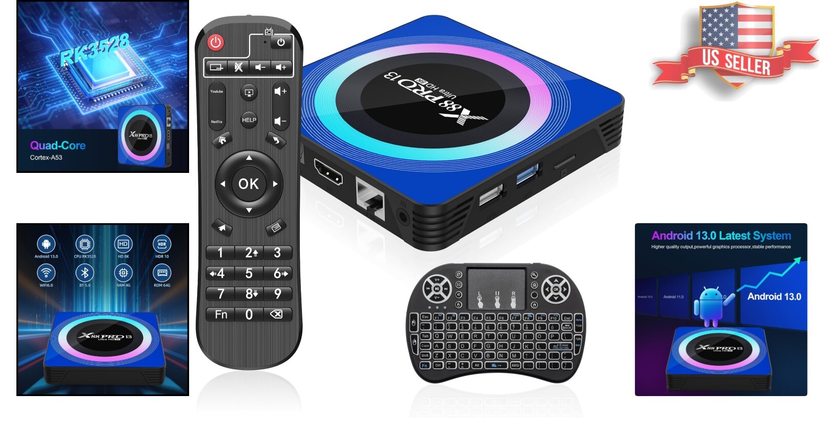 Quad-Core Android 13.0 TV Box: 64GB ROM, Dual WiFi & Bluetooth – Compact Design