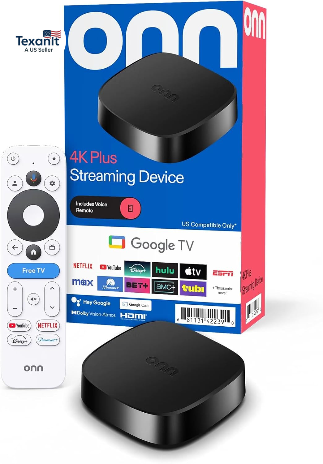 Onn 4K plus Streaming Device with Google TV – 16GB Storage, 2GB RAM, Wi-Fi 6, Do