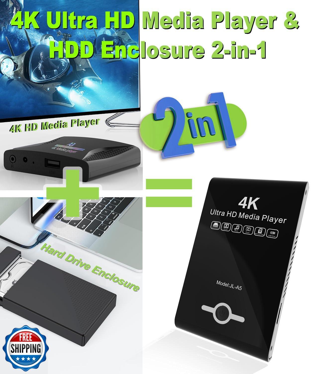 4K Ultra HD Media Player and HDD Enclosure 2-in-1 – Play H.265/HEVC H.264/AVC