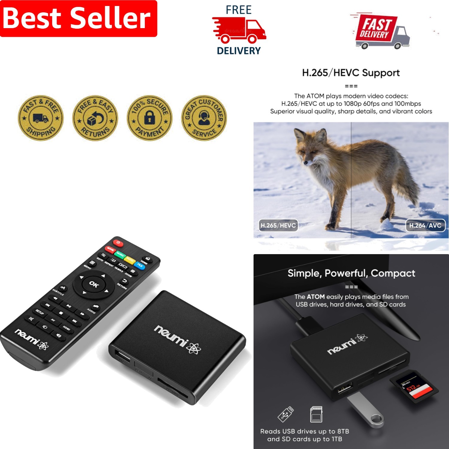 NEUMI Atom 1080P Full-HD Media Player for USB & SD Cards – Compact & Powerful