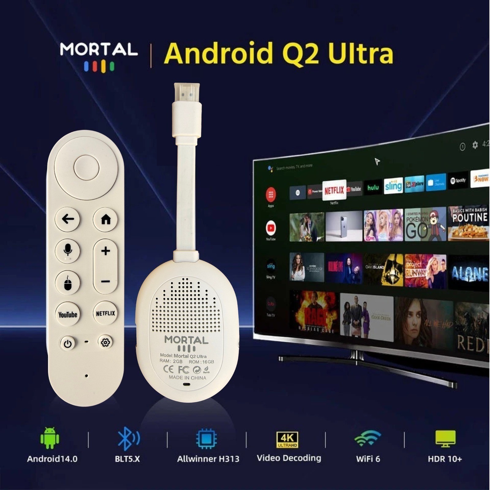 Wholesale 2026 Android 14 Streaming TV Stick Voice Control 2GB/16GB Mortal Q2