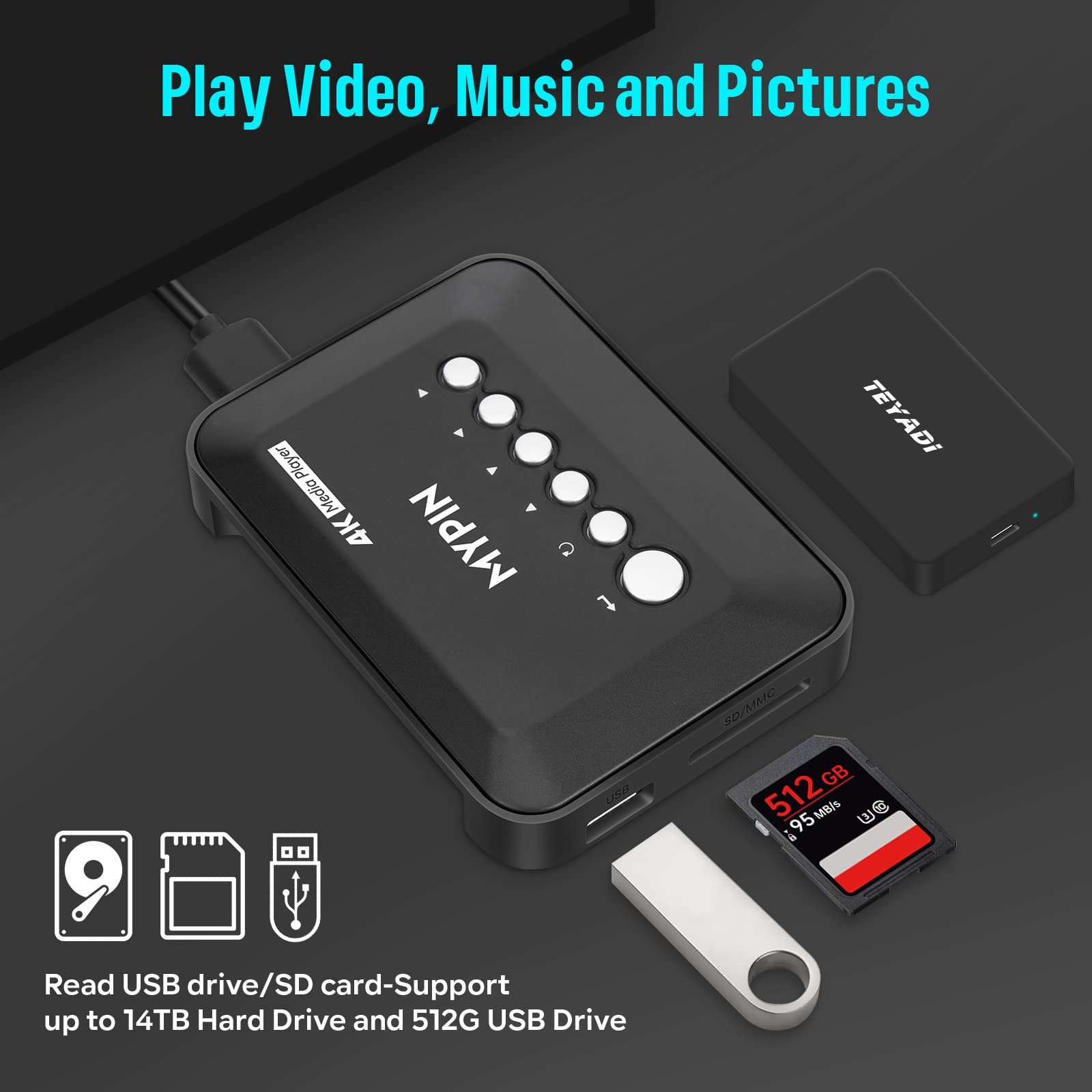 4K30hz HDMI TV Media Player with HDMI/AV Output, Digital MP4 Player for 14TB …