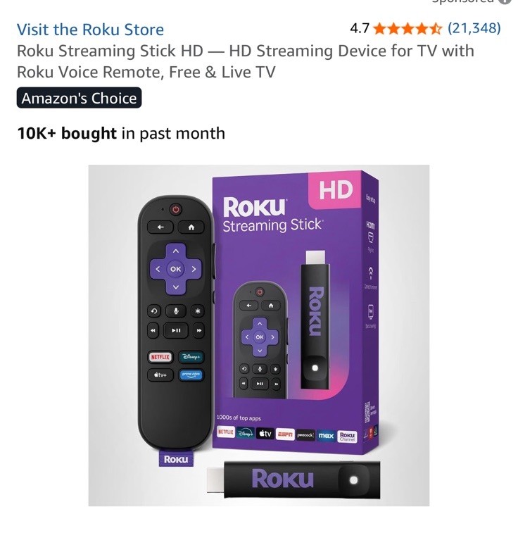 Roku 3840R Streaming Stick HD Media Player with Voice Remote