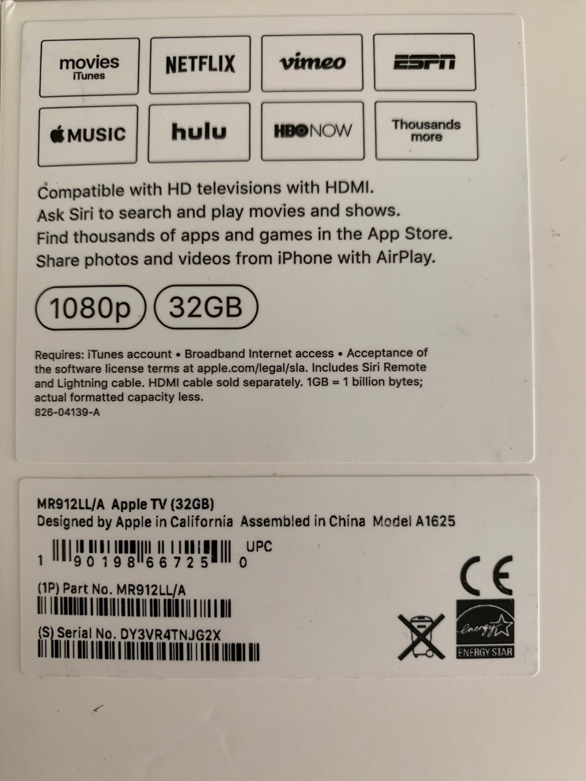 Apple TV HD Streaming Media Player 32GB Black A1625 MR912LL/A