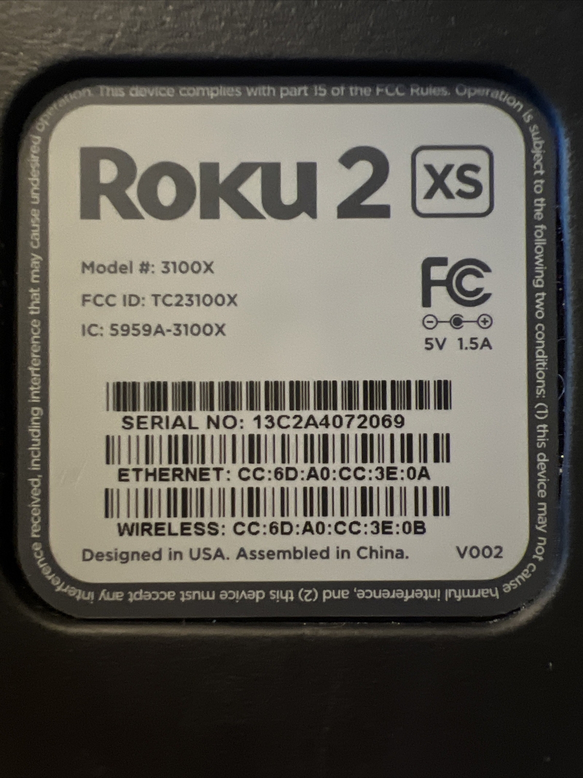 Roku 2 XS Media Streamer Unit 3100X Only Missing Remote & AC Power Adapter