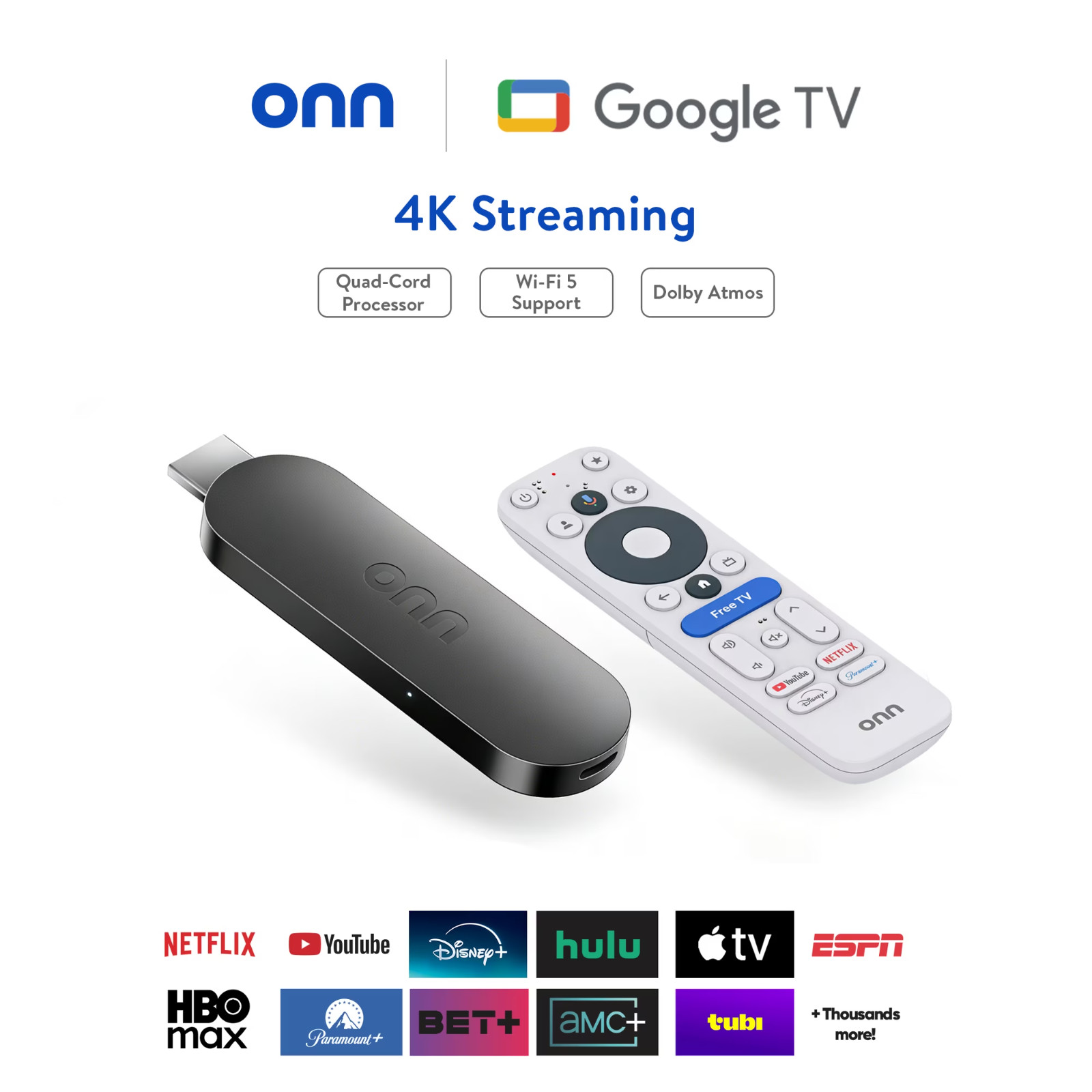 Onn. 4K Streaming Device Google TV with Gemini 2026 Model Voice Remote 8GB 2GB