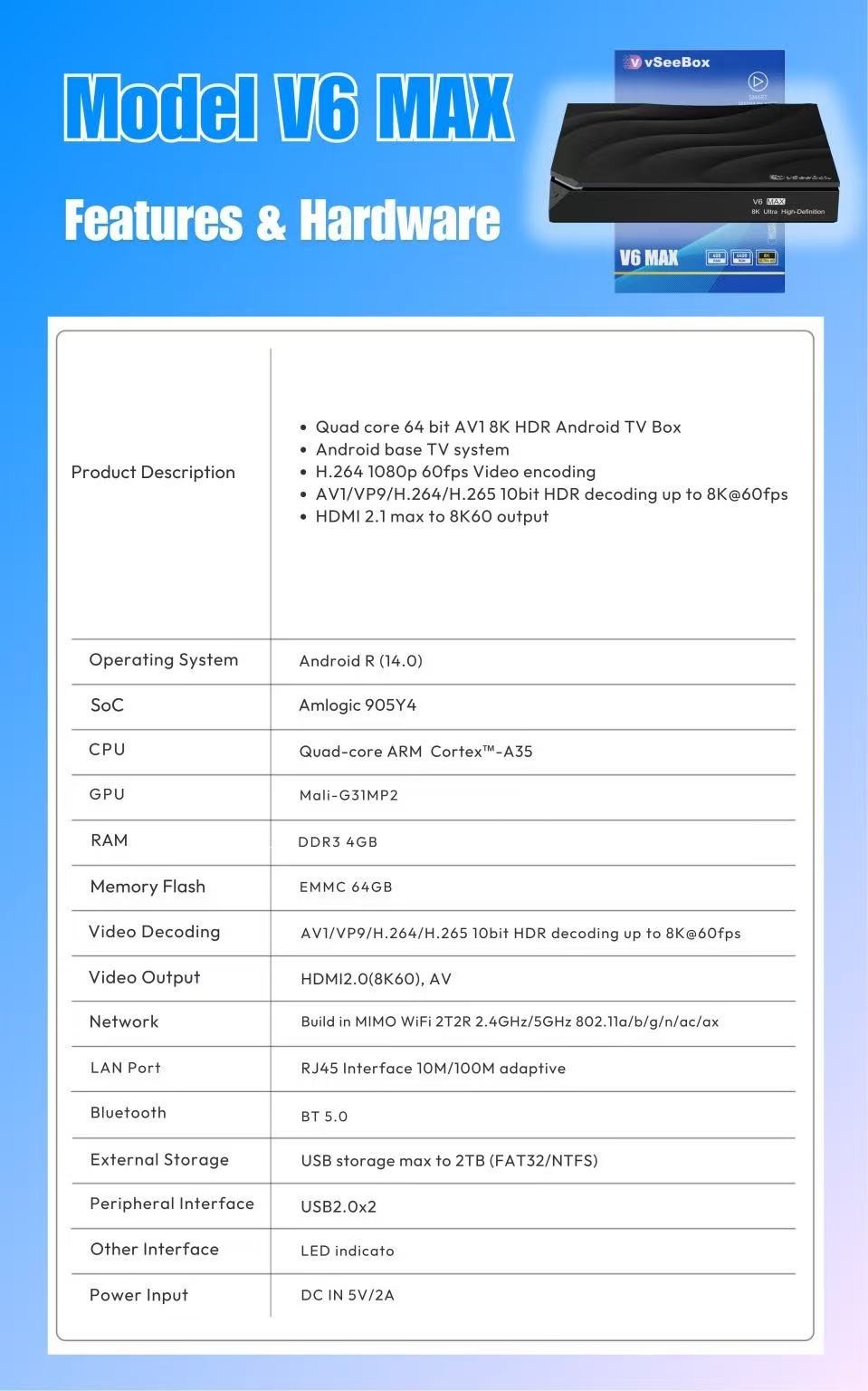 New vSeeBox V6 Max 8K Streaming Android TV Box Voice Control WiFi6