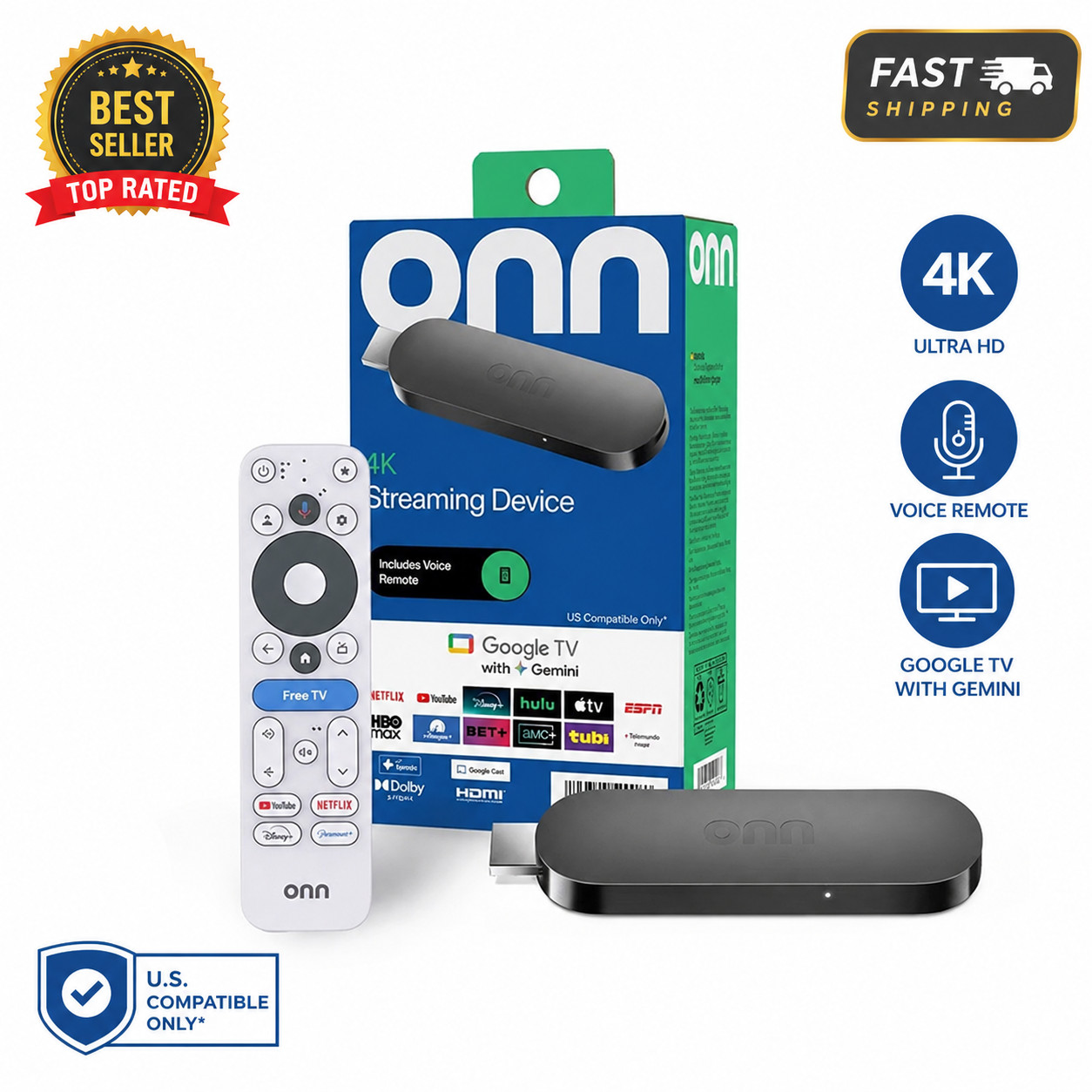 Onn. 4K Streaming Device Google TV with Gemini 2026 Model Voice Remote 8GB 2GB
