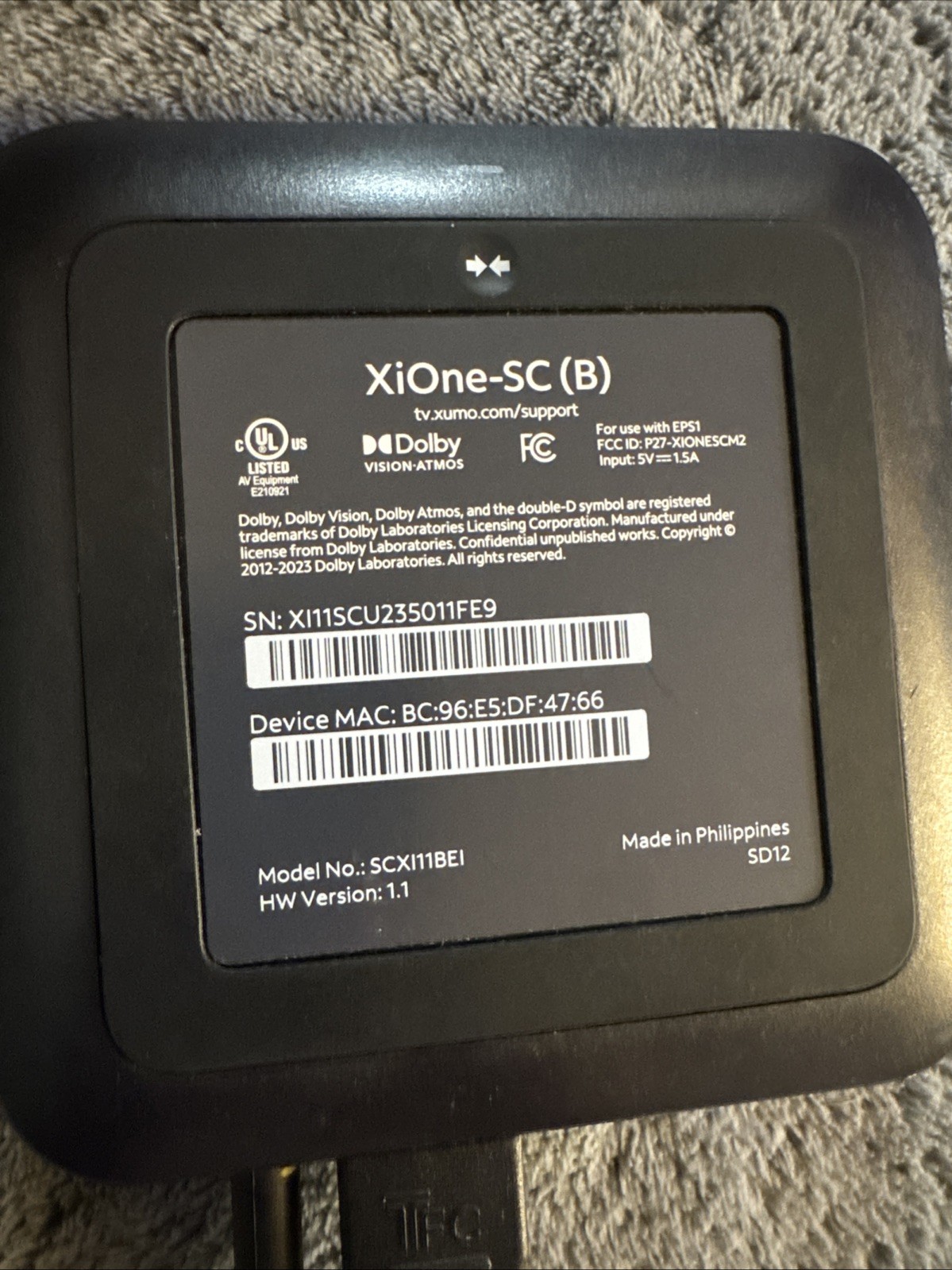 Xumo Stream Box XiOne‑SC (B) 4K HDR Wi‑Fi Streaming Device Power Cord No Remote