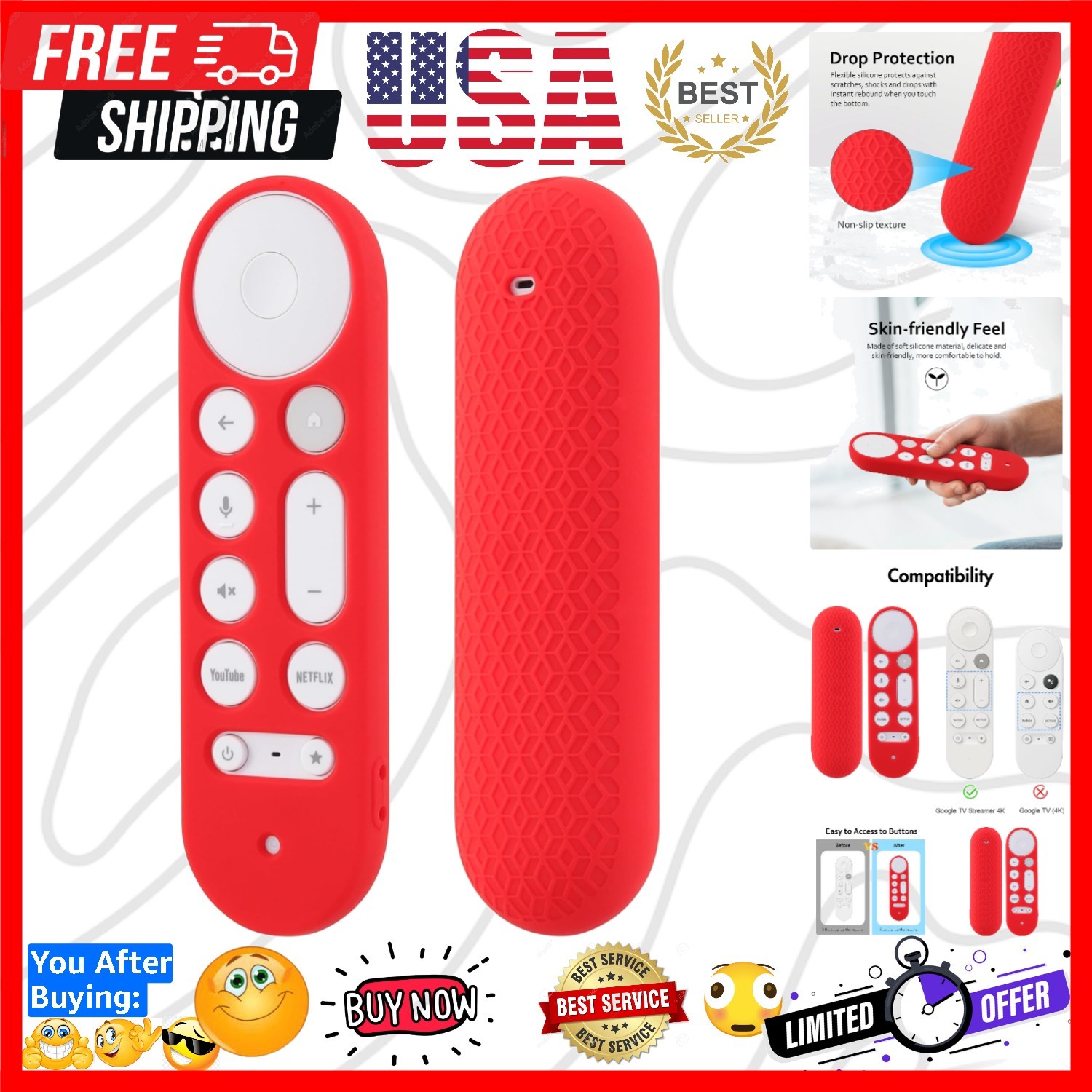 Cover for Google TV Streamer 4K 2024 Voice Remote Control Red Silicone Case P…